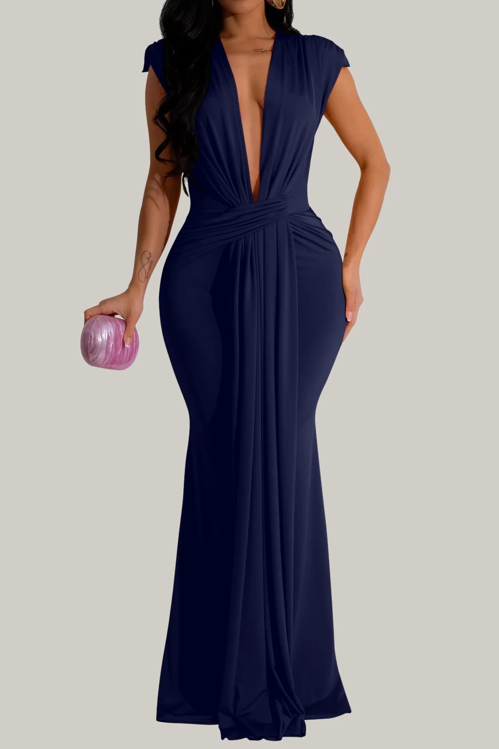 Amani Elegant Sleeveless Deep V Neck Bodycon Party Evening Gown Maxi Dress