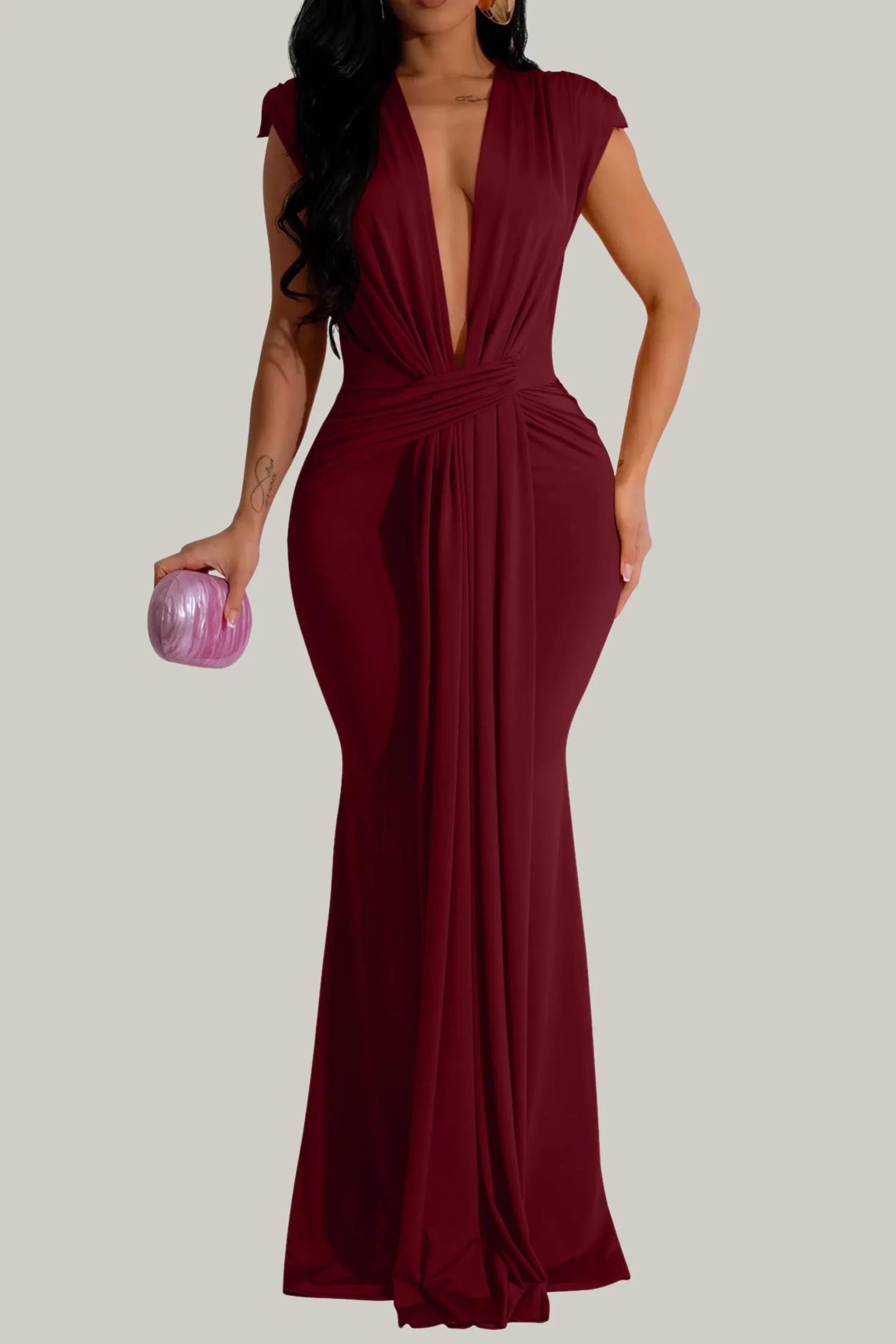 Amani Elegant Sleeveless Deep V Neck Bodycon Party Evening Gown Maxi Dress