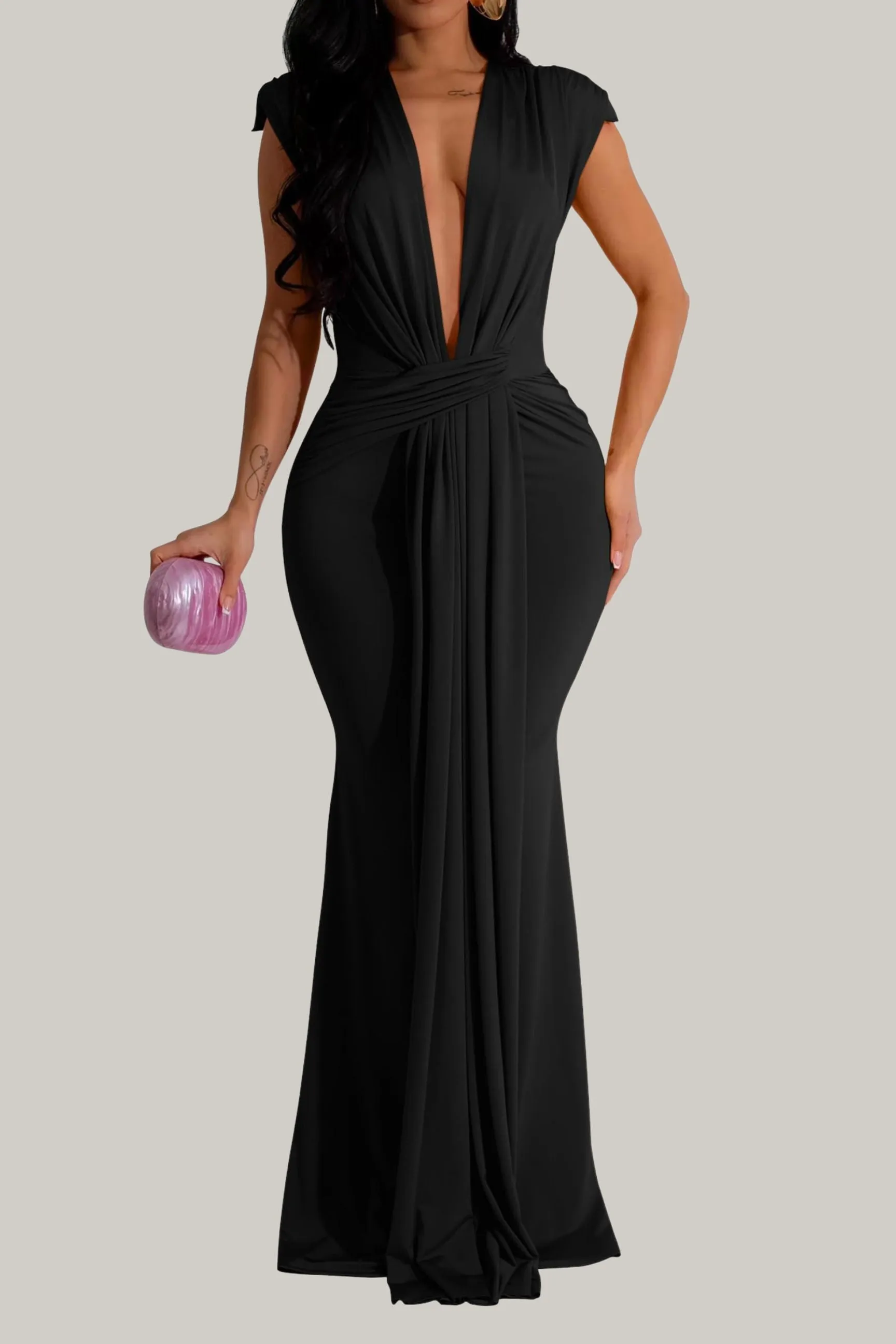 Amani Elegant Sleeveless Deep V Neck Bodycon Party Evening Gown Maxi Dress