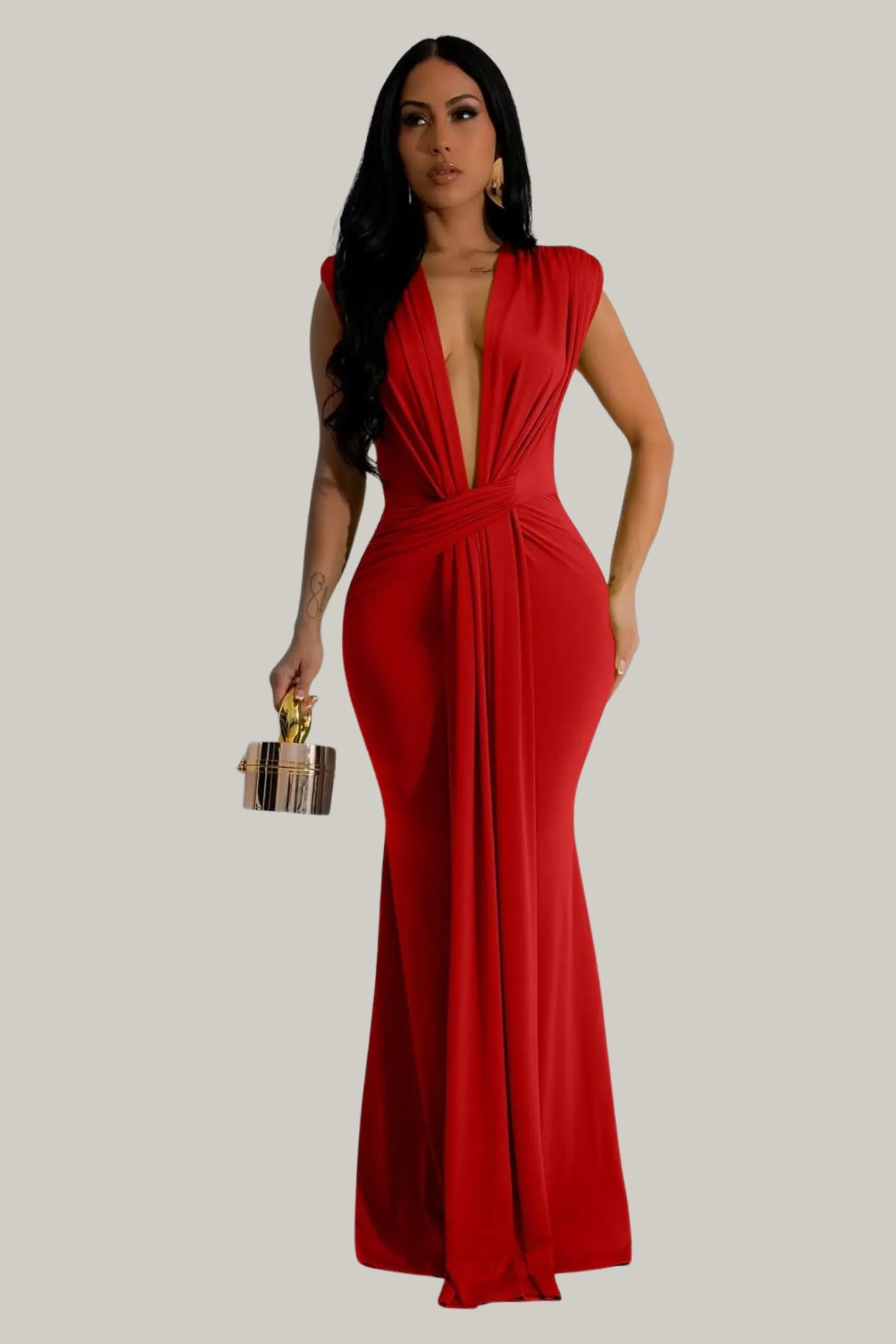Amani Elegant Sleeveless Deep V Neck Bodycon Party Evening Gown Maxi Dress