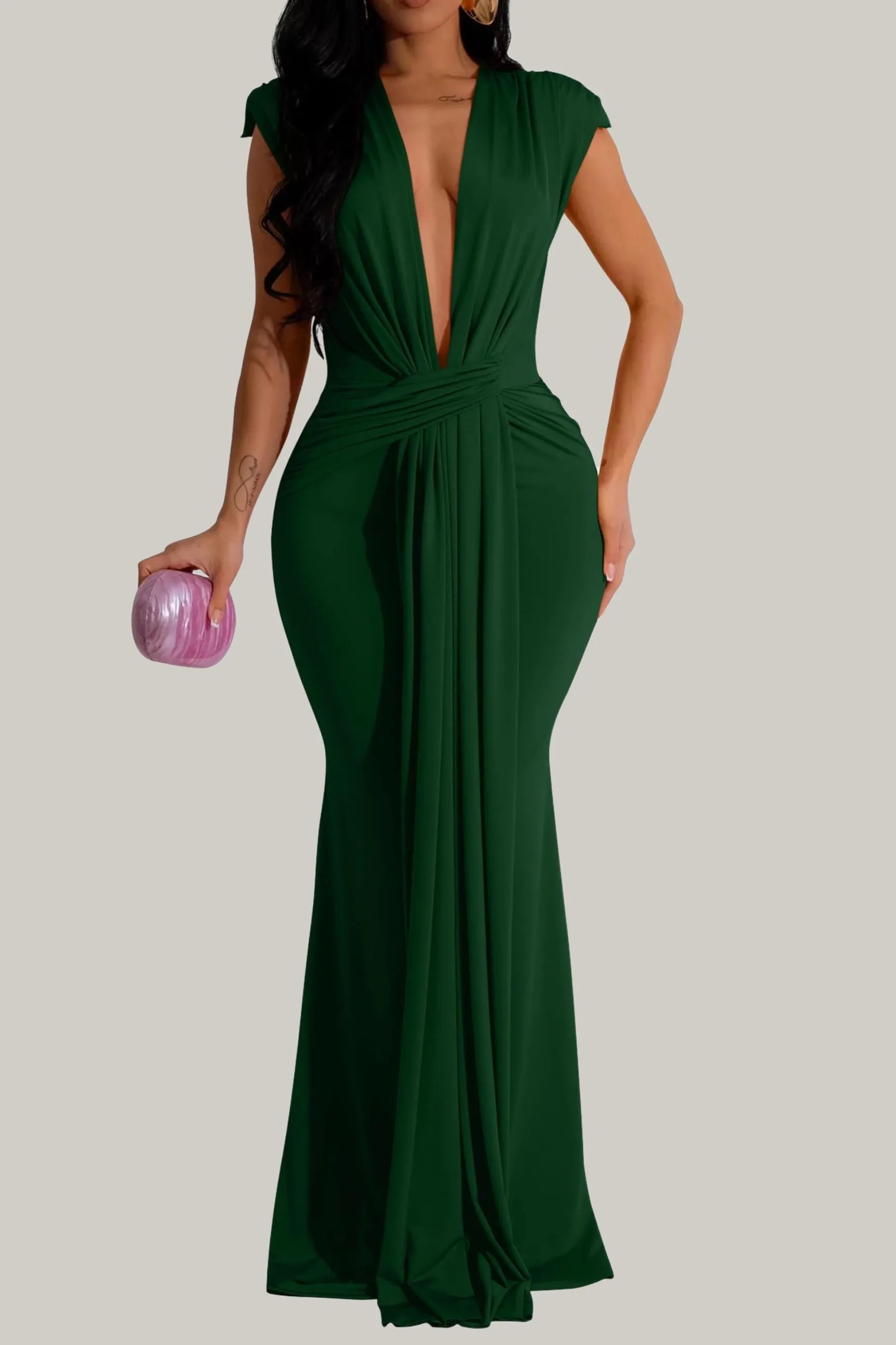 Amani Elegant Sleeveless Deep V Neck Bodycon Party Evening Gown Maxi Dress
