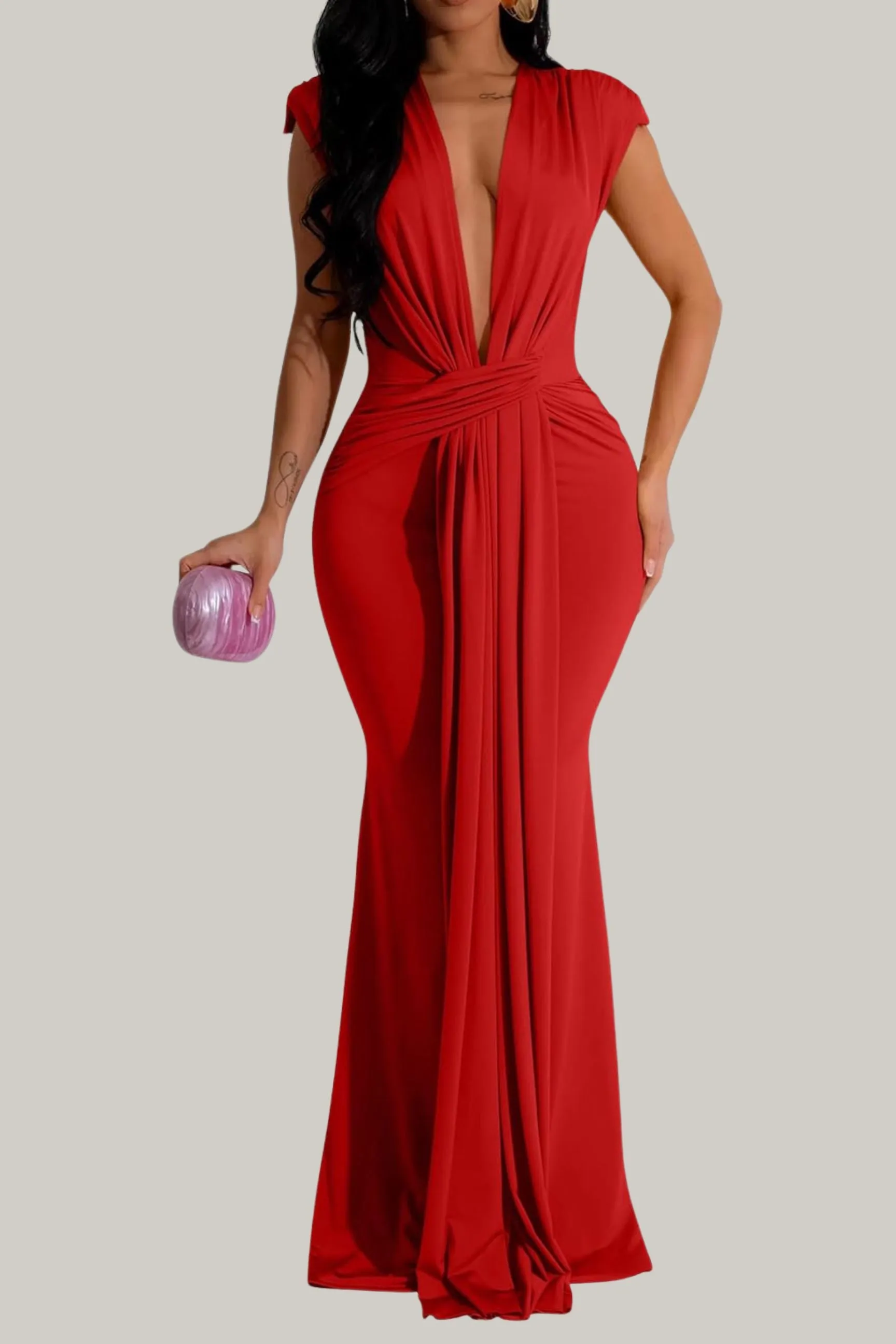 Amani Elegant Sleeveless Deep V Neck Bodycon Party Evening Gown Maxi Dress