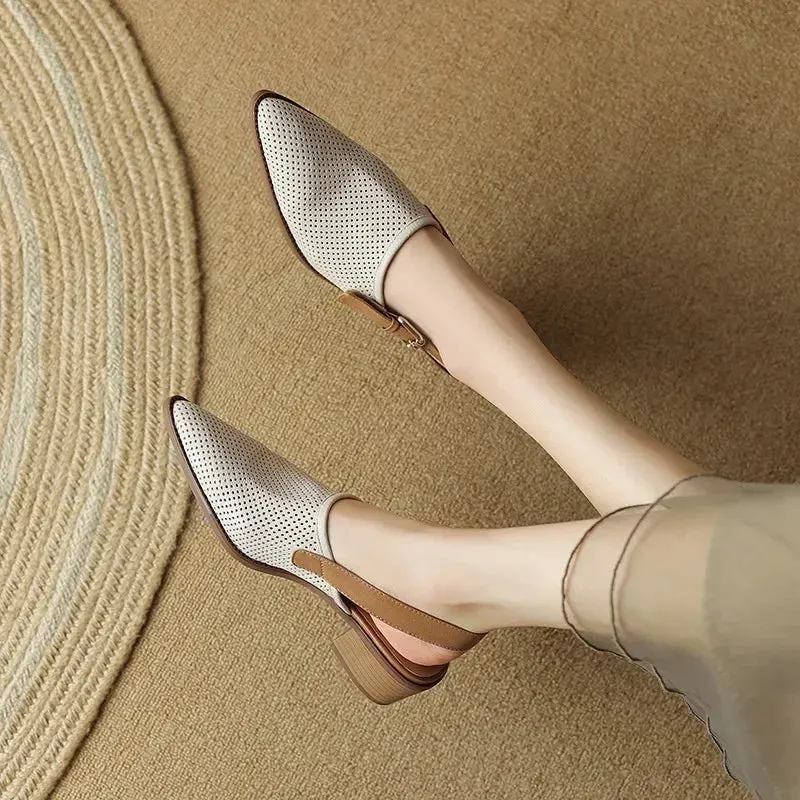 Amozae-Knitted Mesh Breathable Hollow Out Sandals Women  Summer New Fashion Pointed Thick Heel Sandals Shoes for Women Sandalias