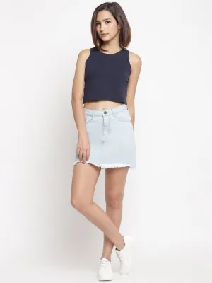 Asymmetric Raw Hem Blue Skirt