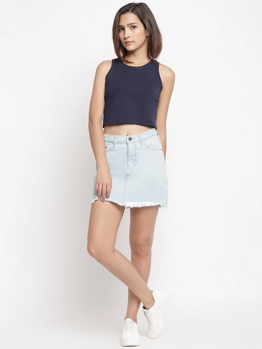 Asymmetric Raw Hem Blue Skirt
