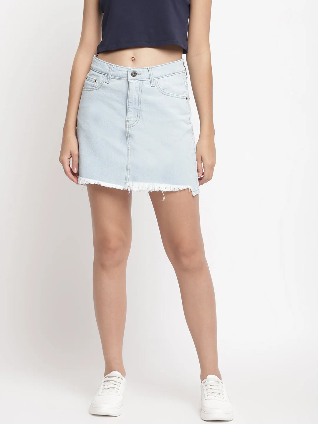 Asymmetric Raw Hem Blue Skirt