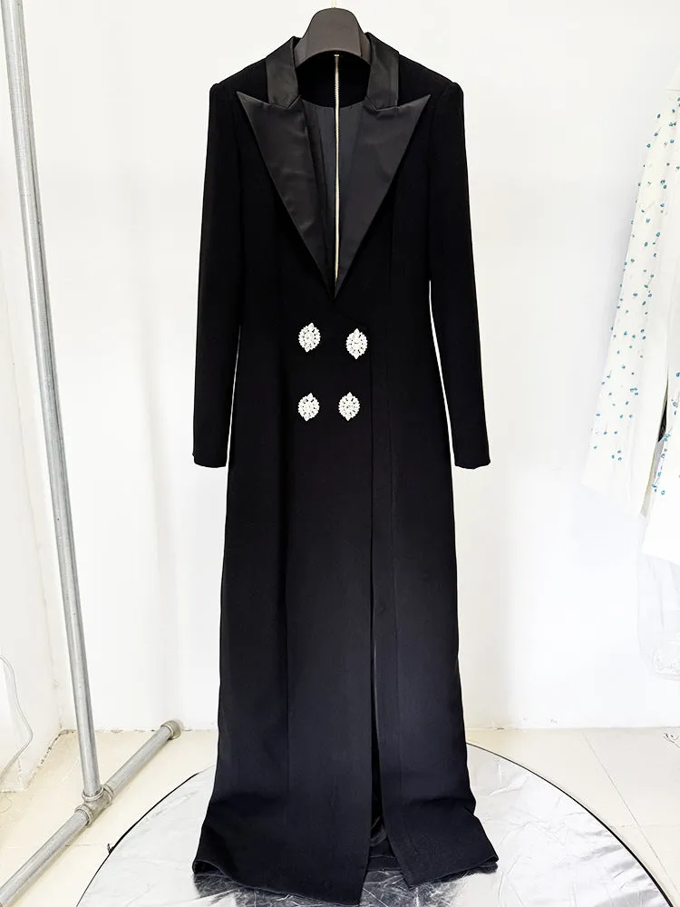 Black Extra Long Gown – Blazer Style Maxi Dress with Statement Jewellery