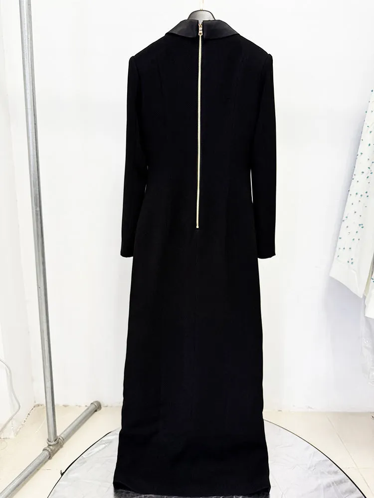 Black Extra Long Gown – Blazer Style Maxi Dress with Statement Jewellery
