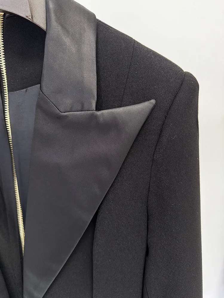 Black Extra Long Gown – Blazer Style Maxi Dress with Statement Jewellery