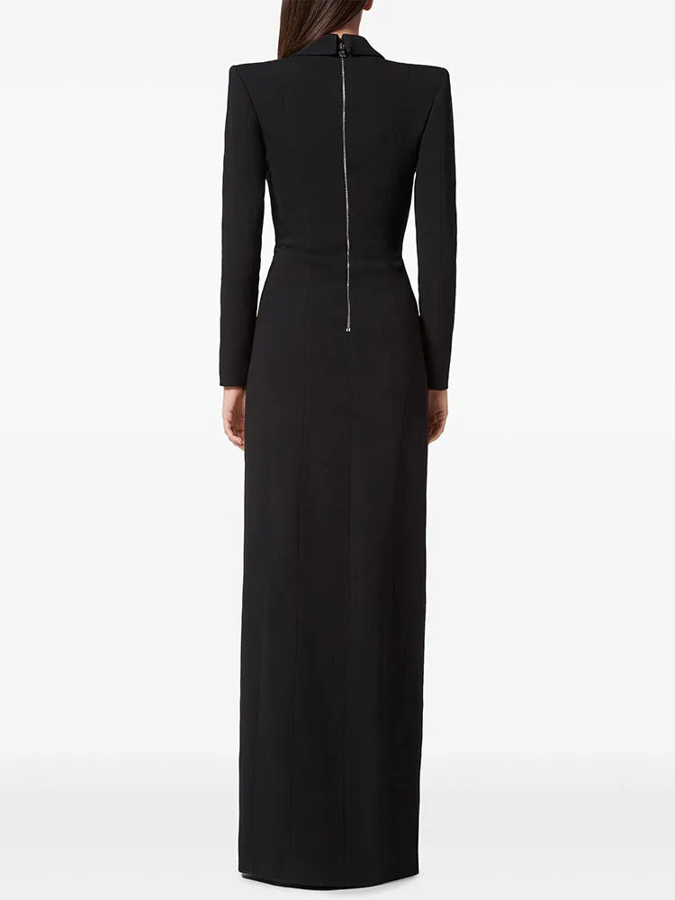 Black Extra Long Gown – Blazer Style Maxi Dress with Statement Jewellery