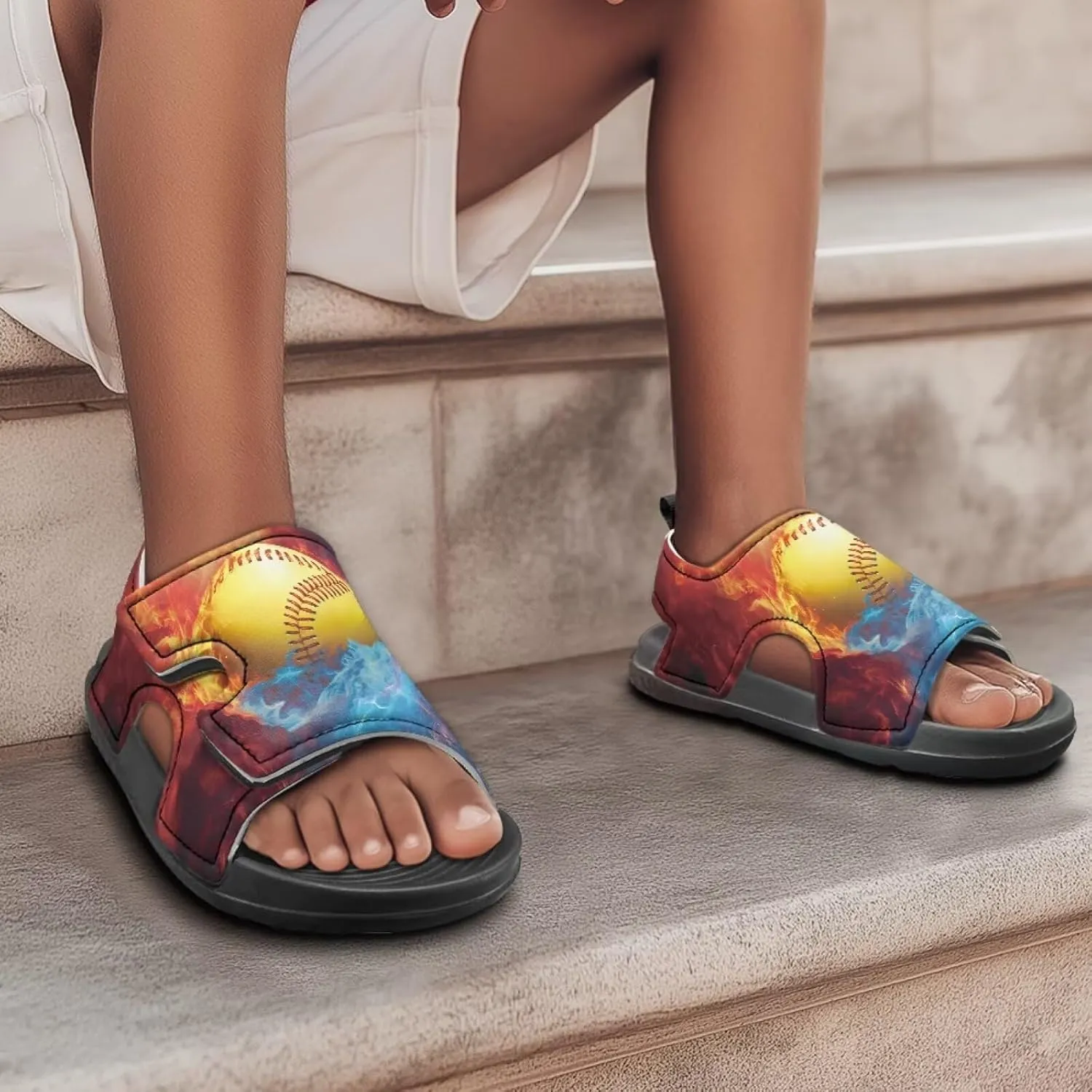 Boys Flame Sandals Kids Open Toe Outdoor Hiking Sandals Lightweight Athletic Beach Water Sport Shoes Adjustable