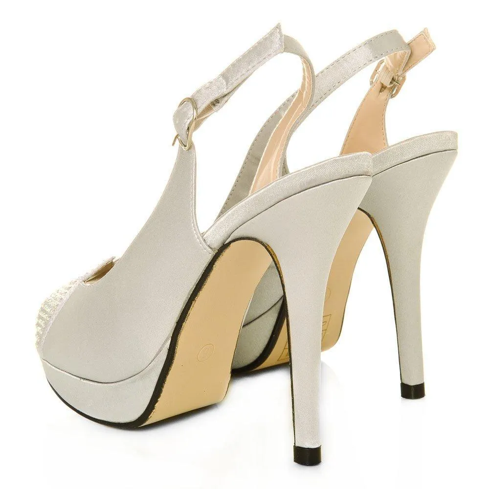 Cherish Satin Peep Toe High Heeled Diamante Sling Backs