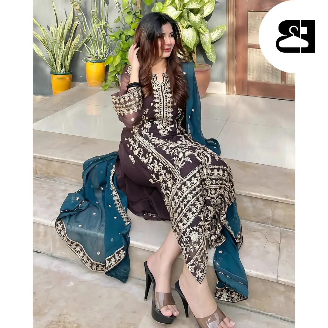 Chinnon Silk Embroidered Ethnic Suit with Dupatta