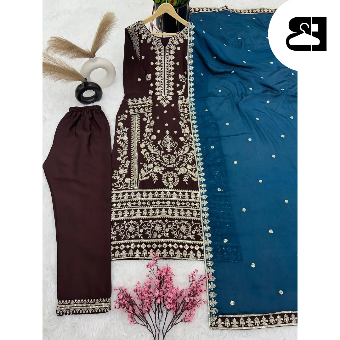 Chinnon Silk Embroidered Ethnic Suit with Dupatta