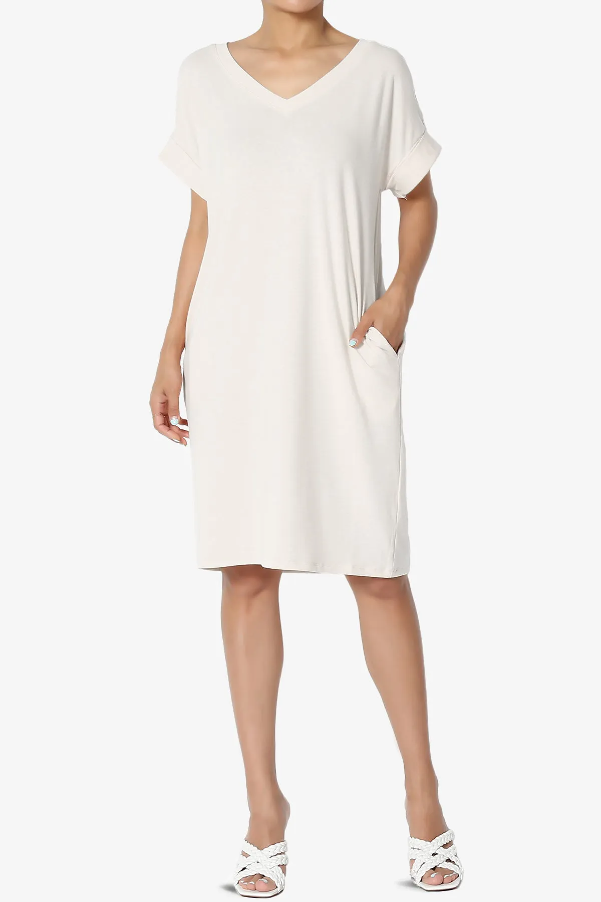 Cliff Rolled Short Sleeve V-Neck Dress MORE COLORS