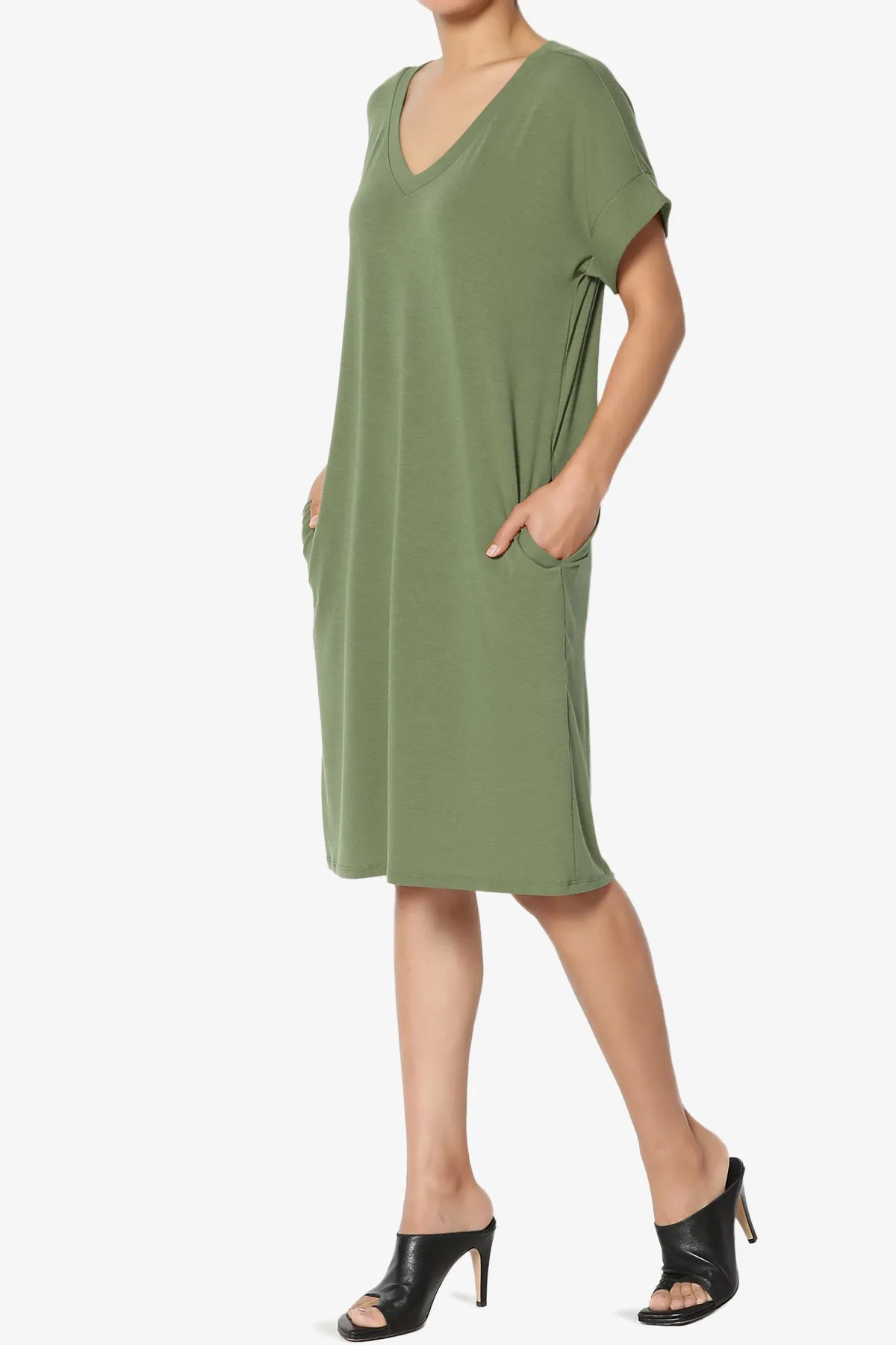 Cliff Rolled Short Sleeve V-Neck Dress MORE COLORS
