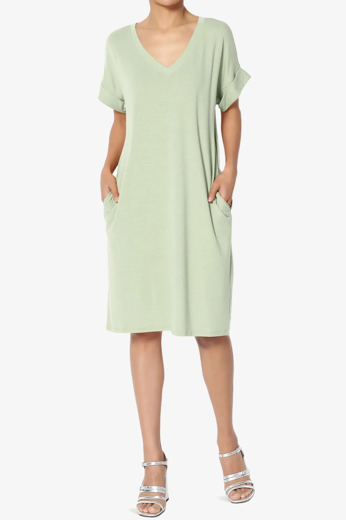 Cliff Rolled Short Sleeve V-Neck Dress MORE COLORS
