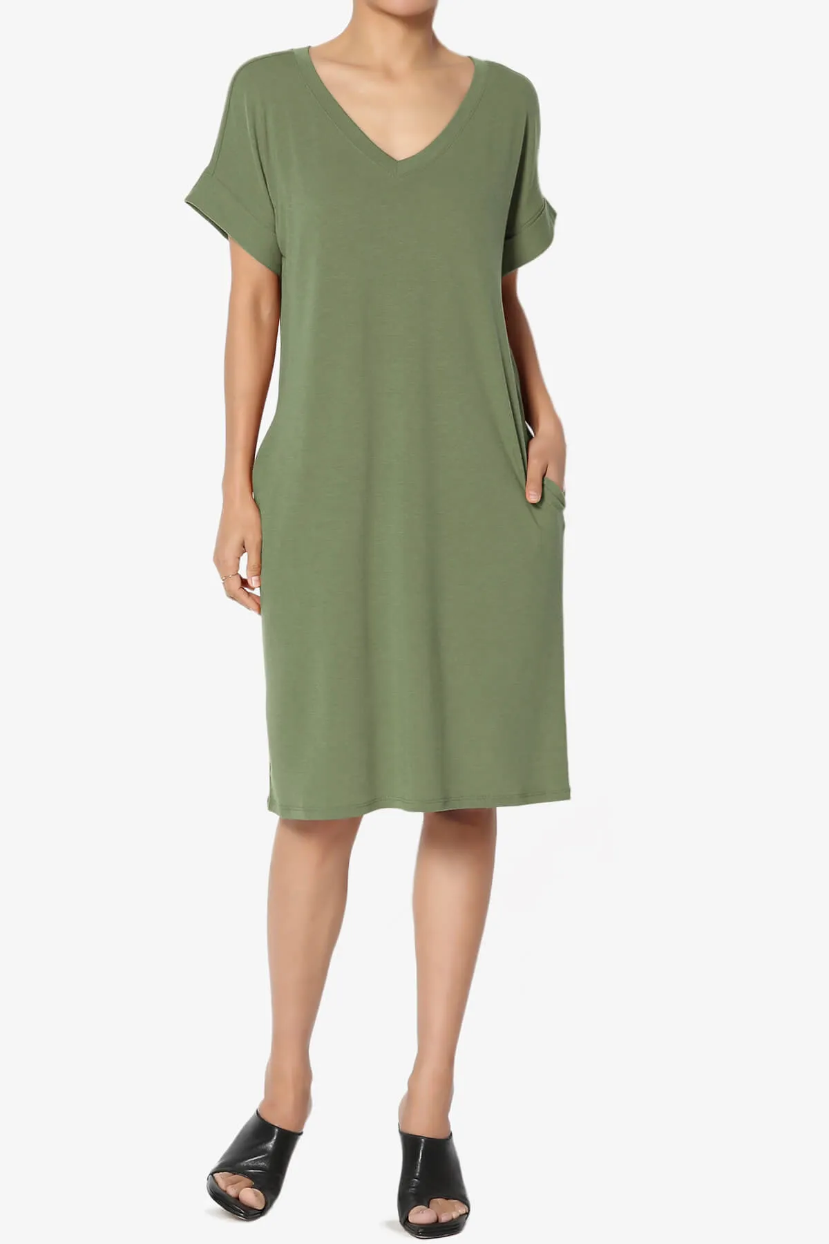Cliff Rolled Short Sleeve V-Neck Dress PLUS