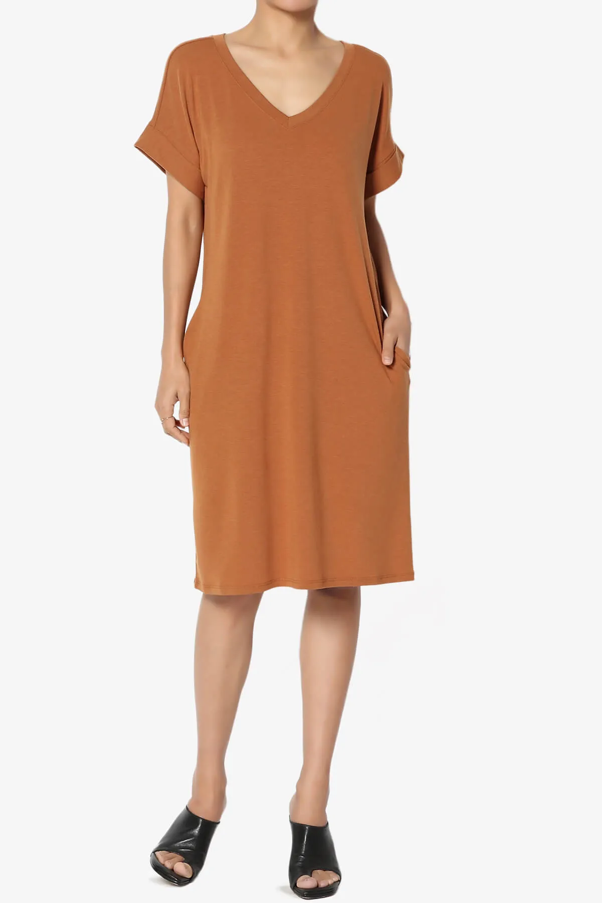 Cliff Rolled Short Sleeve V-Neck Dress PLUS