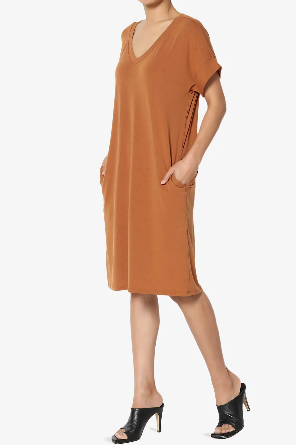 Cliff Rolled Short Sleeve V-Neck Dress PLUS