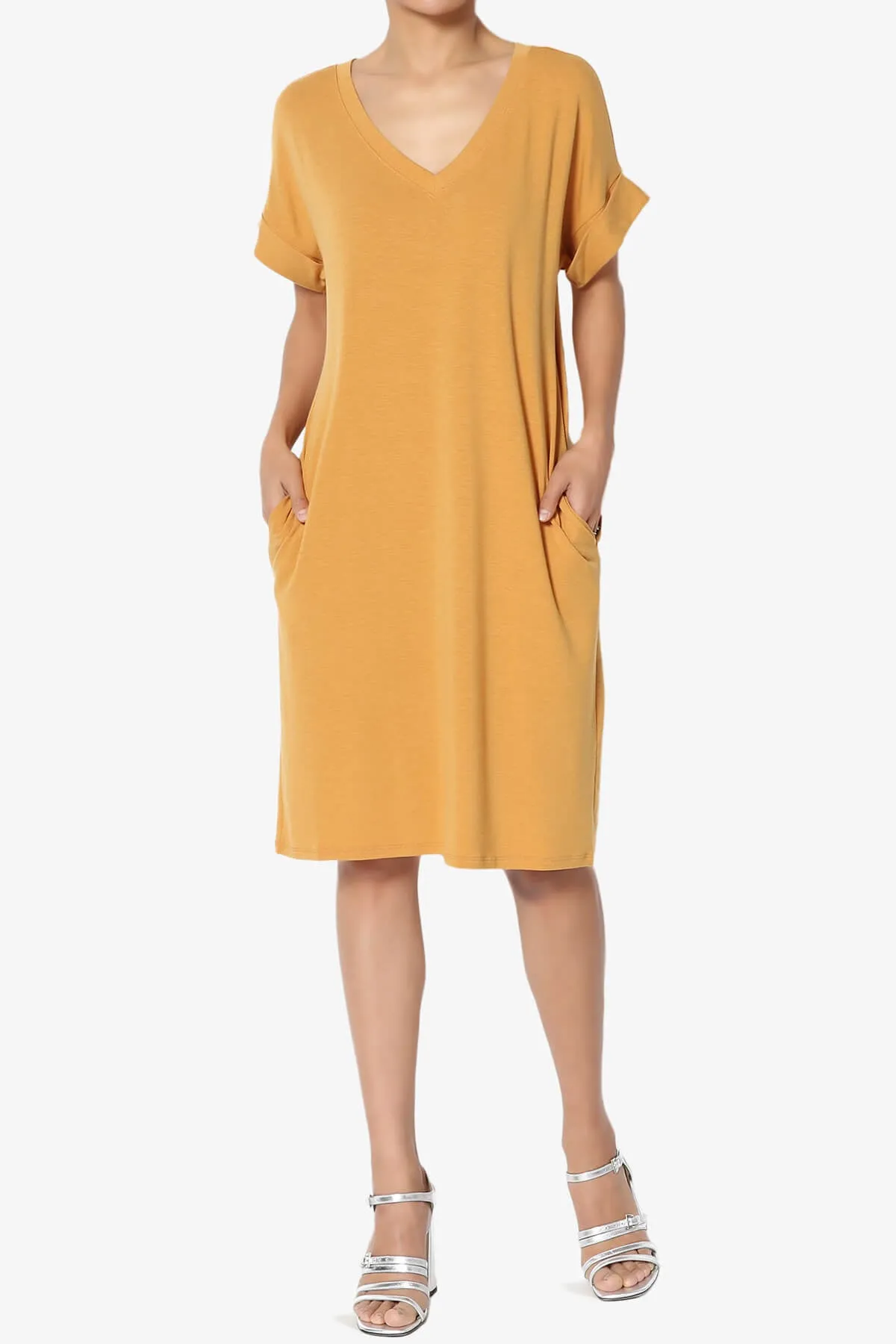 Cliff Rolled Short Sleeve V-Neck Dress PLUS