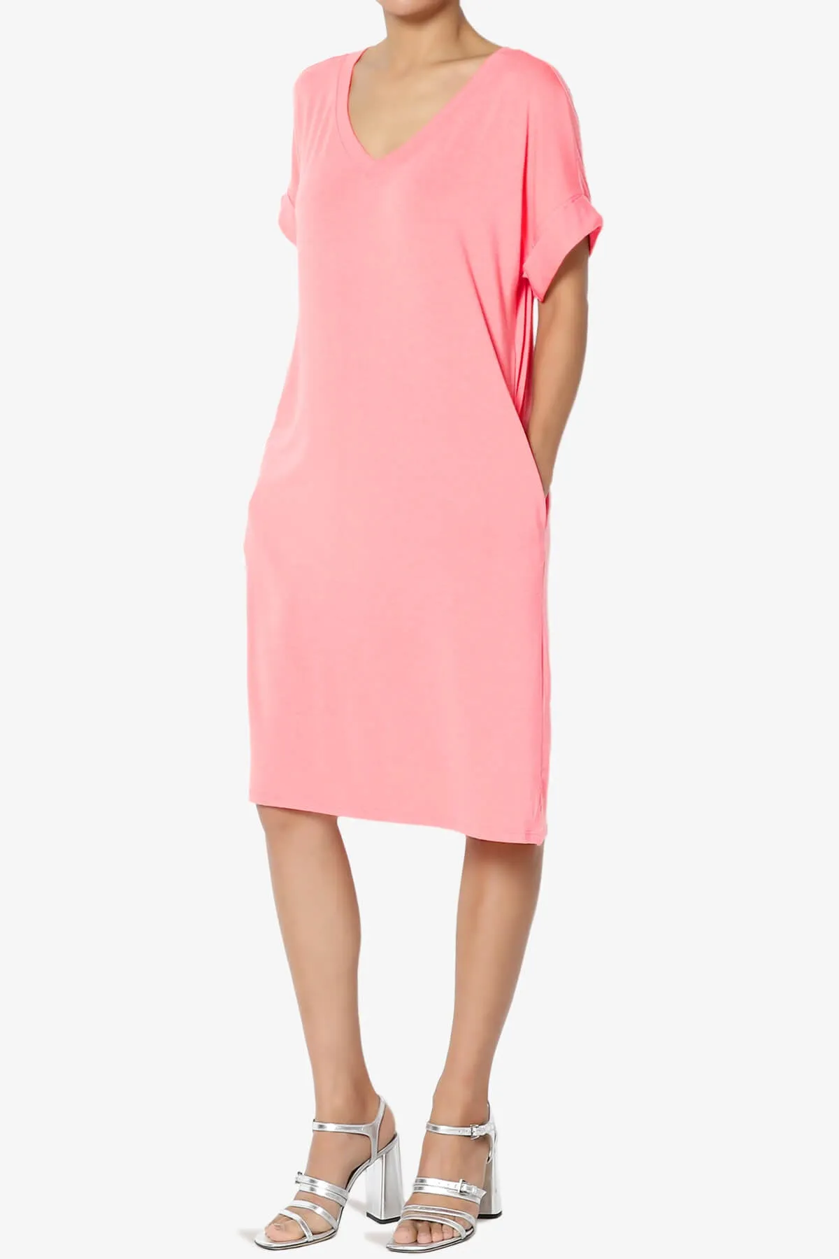 Cliff Rolled Short Sleeve V-Neck Dress PLUS