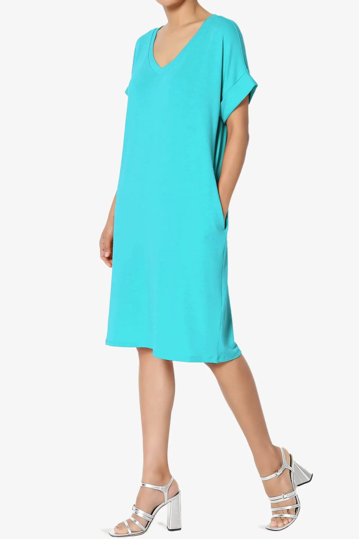 Cliff Rolled Short Sleeve V-Neck Dress PLUS