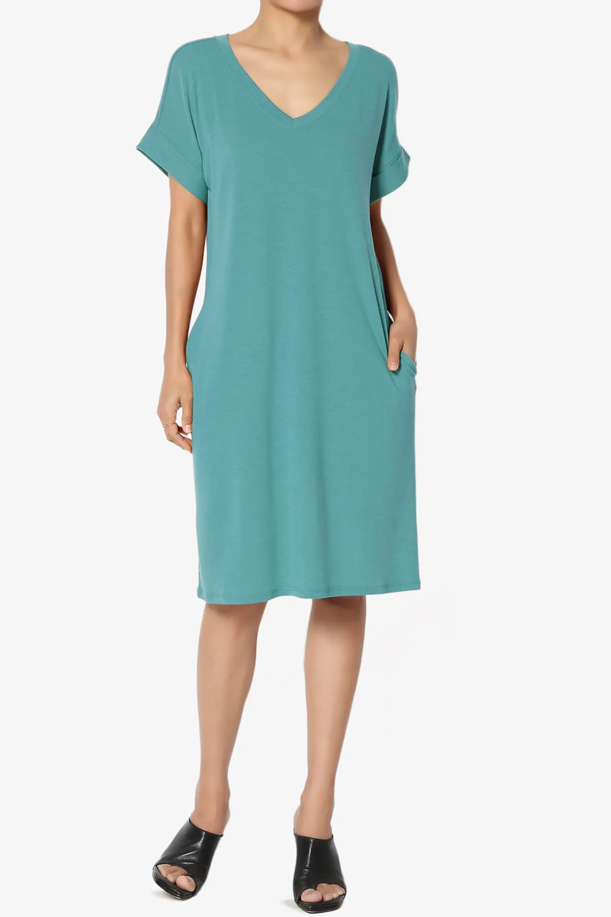 Cliff Rolled Short Sleeve V-Neck Dress PLUS