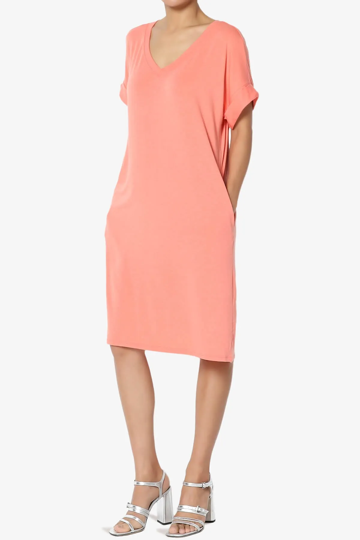 Cliff Rolled Short Sleeve V-Neck Dress PLUS
