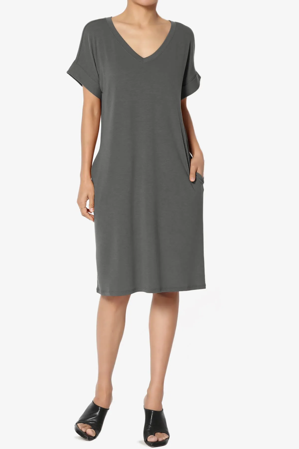 Cliff Rolled Short Sleeve V-Neck Dress PLUS