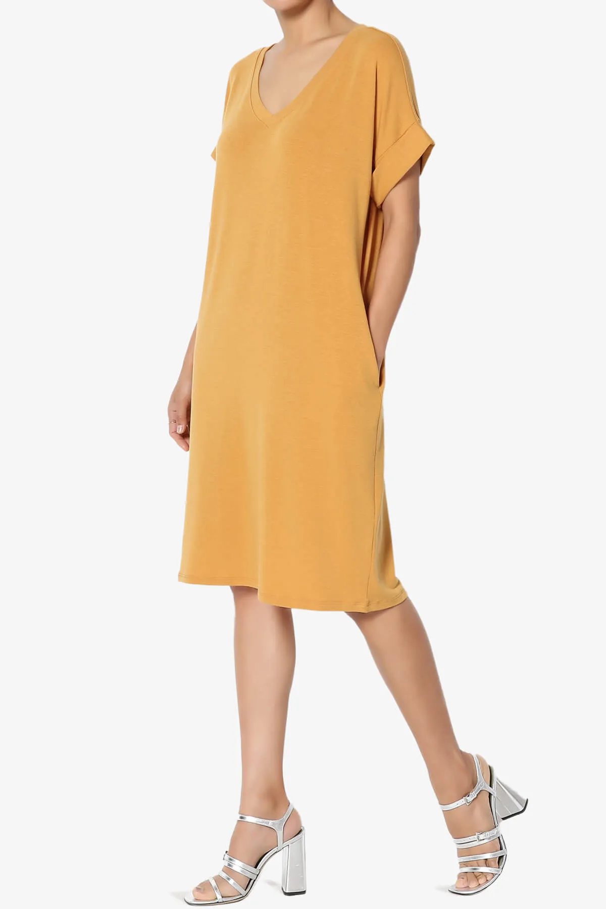Cliff Rolled Short Sleeve V-Neck Dress PLUS