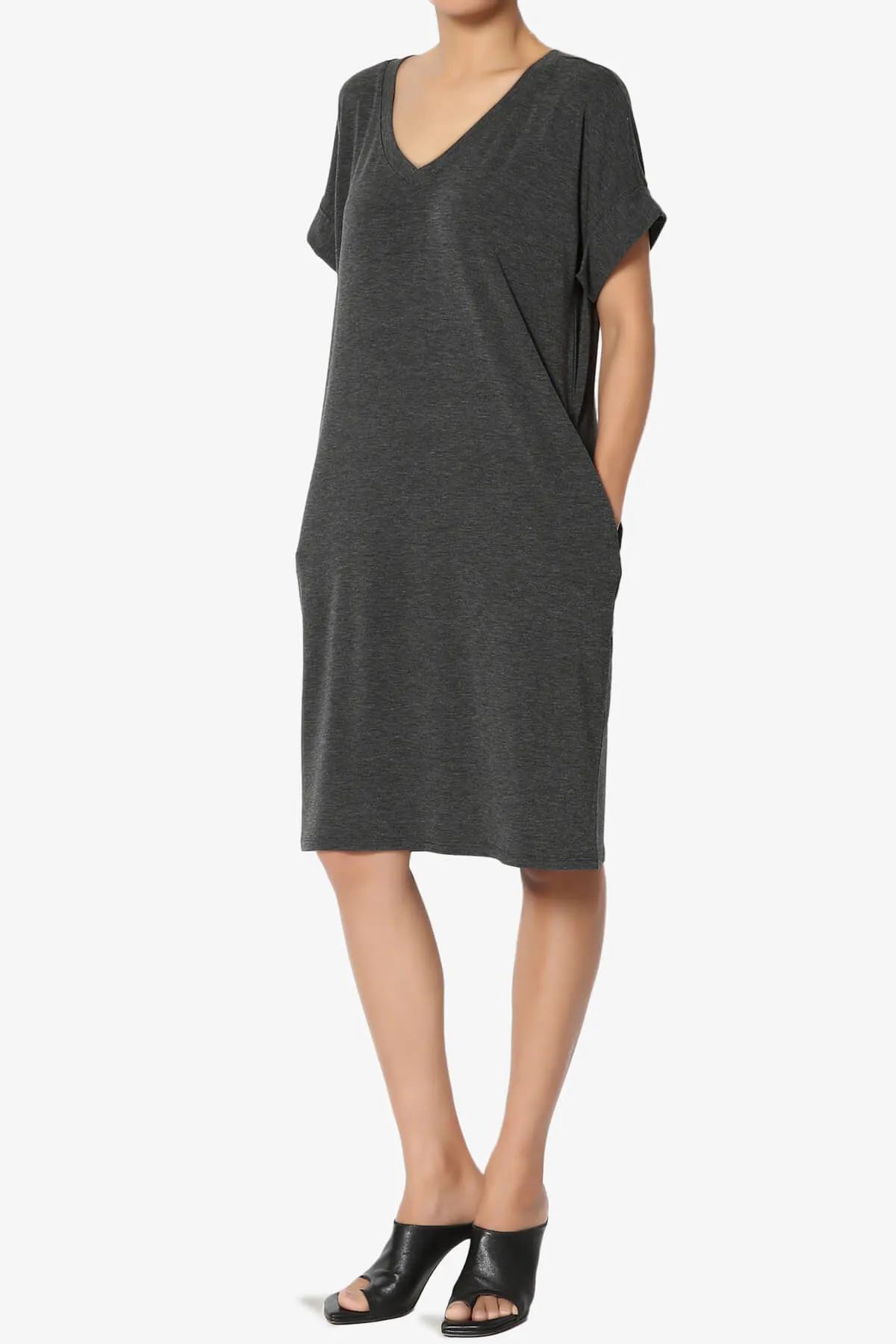 Cliff Rolled Short Sleeve V-Neck Dress PLUS
