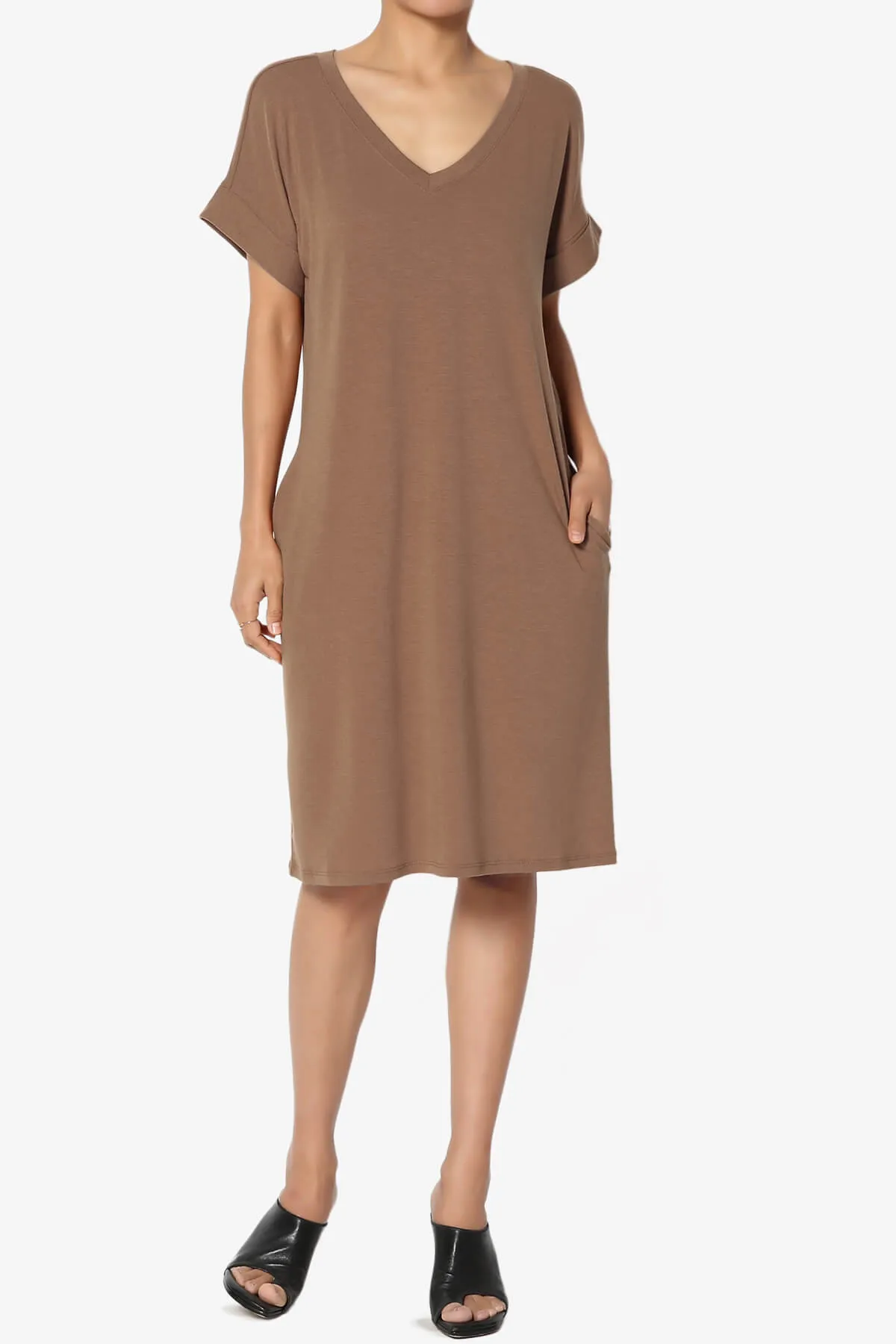 Cliff Rolled Short Sleeve V-Neck Dress PLUS