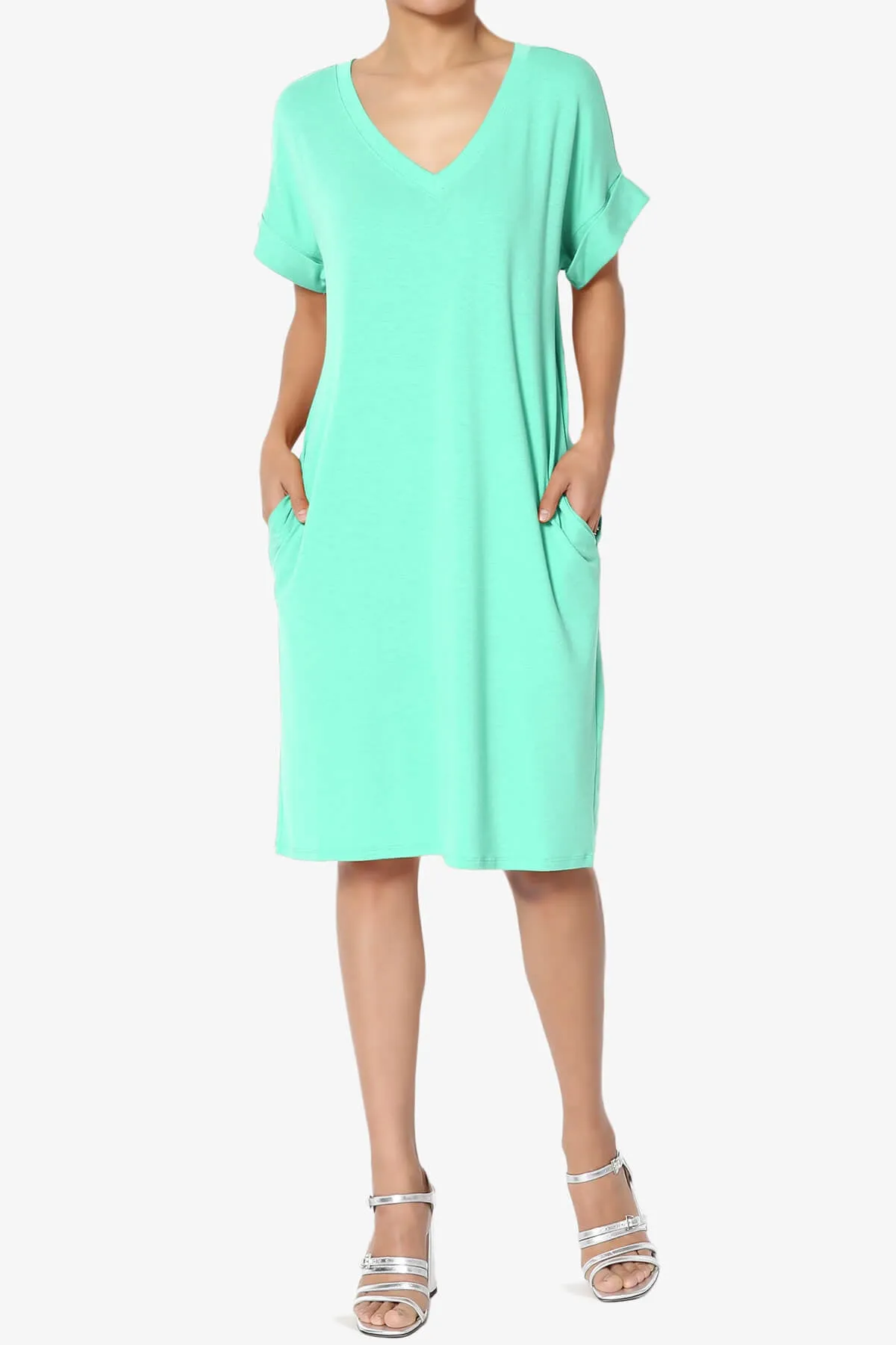 Cliff Rolled Short Sleeve V-Neck Dress PLUS