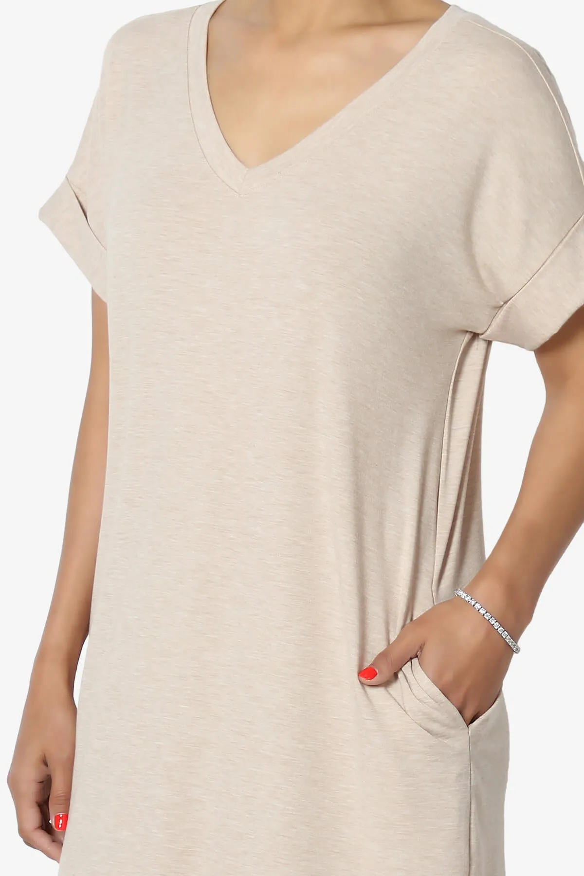 Cliff Rolled Short Sleeve V-Neck Dress PLUS