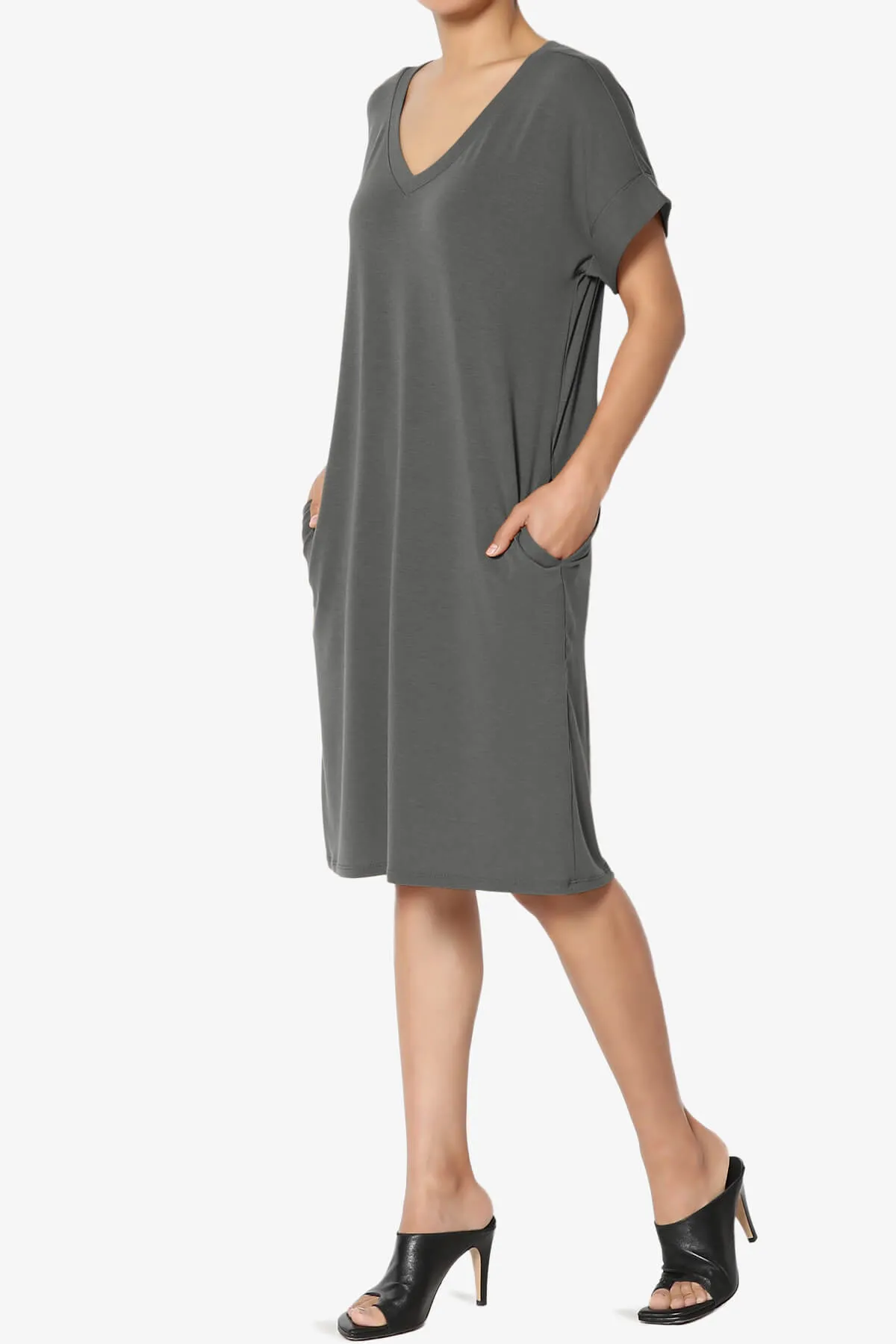 Cliff Rolled Short Sleeve V-Neck Dress PLUS