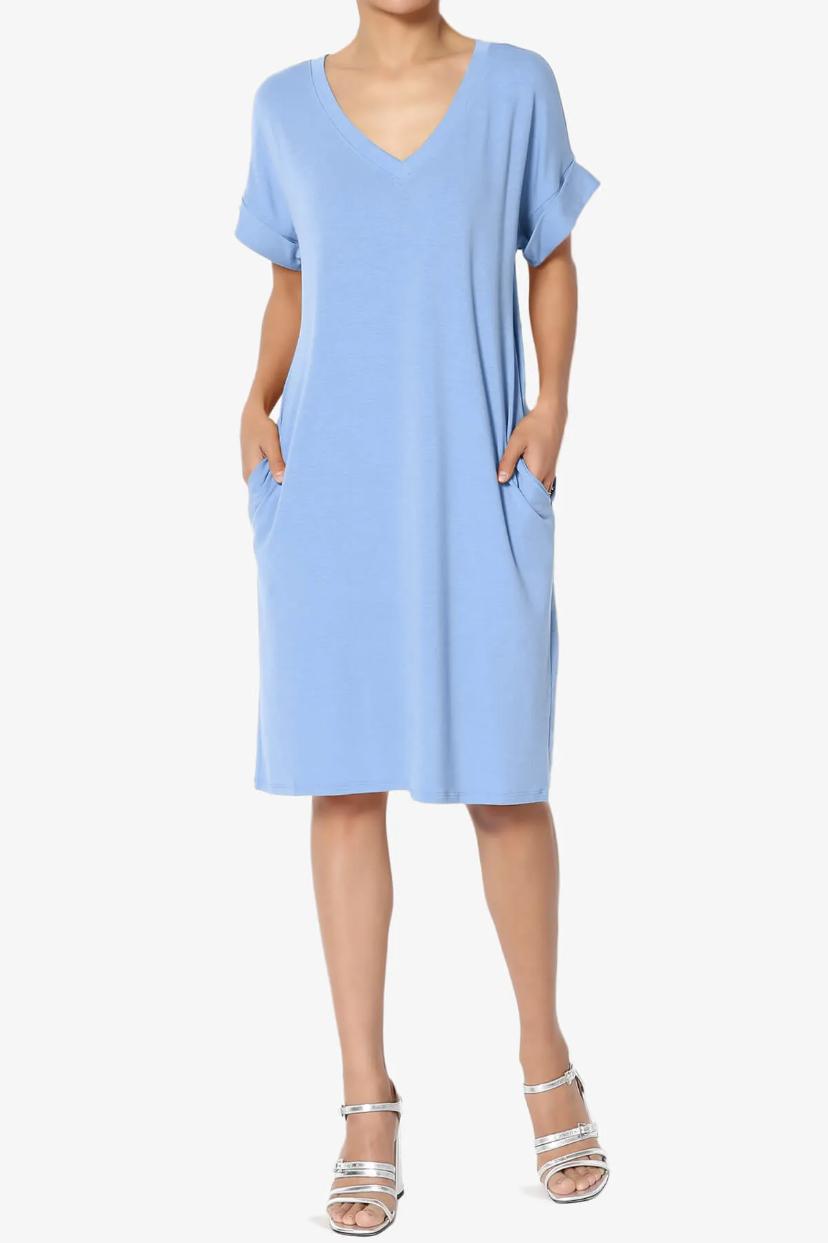 Cliff Rolled Short Sleeve V-Neck Dress PLUS