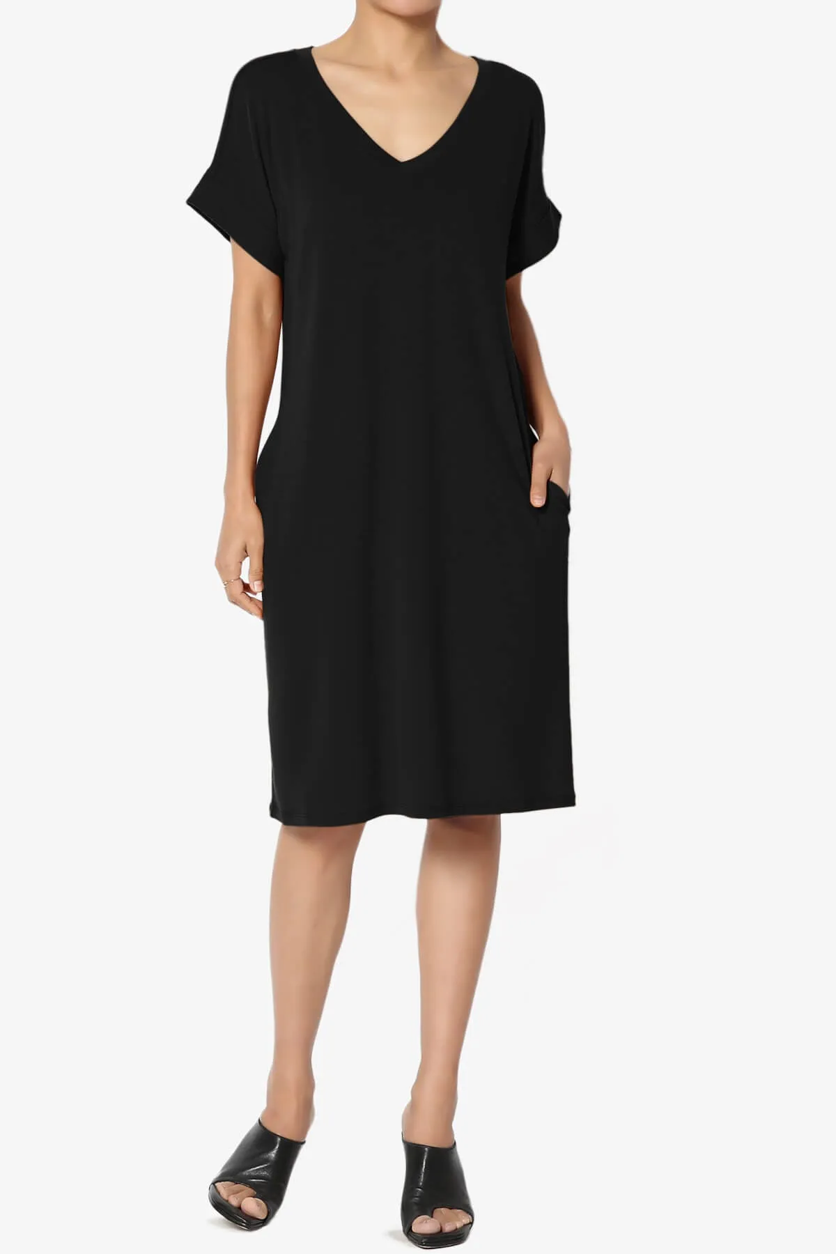Cliff Rolled Short Sleeve V-Neck Dress PLUS
