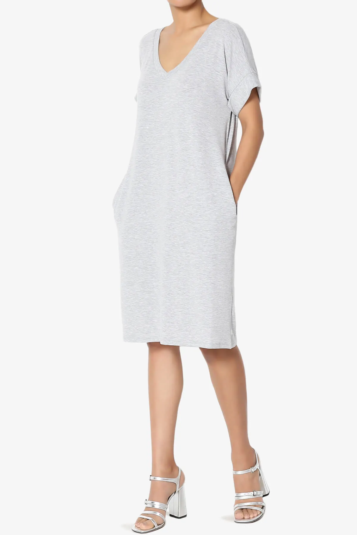 Cliff Rolled Short Sleeve V-Neck Dress PLUS