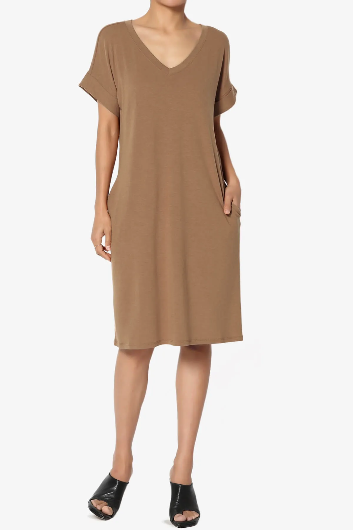 Cliff Rolled Short Sleeve V-Neck Dress PLUS