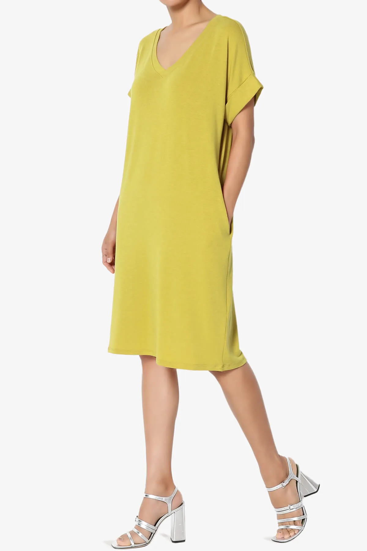Cliff Rolled Short Sleeve V-Neck Dress PLUS