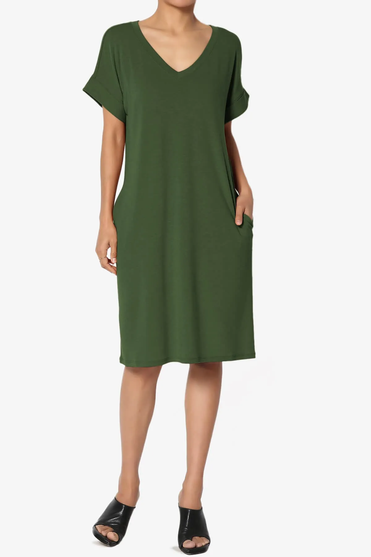 Cliff Rolled Short Sleeve V-Neck Dress PLUS
