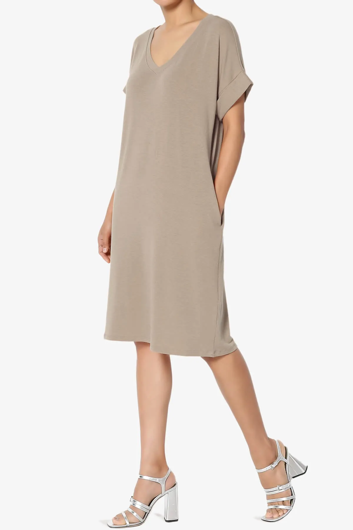 Cliff Rolled Short Sleeve V-Neck Dress PLUS