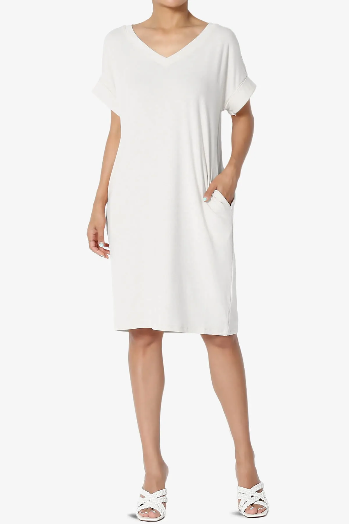 Cliff Rolled Short Sleeve V-Neck Dress PLUS