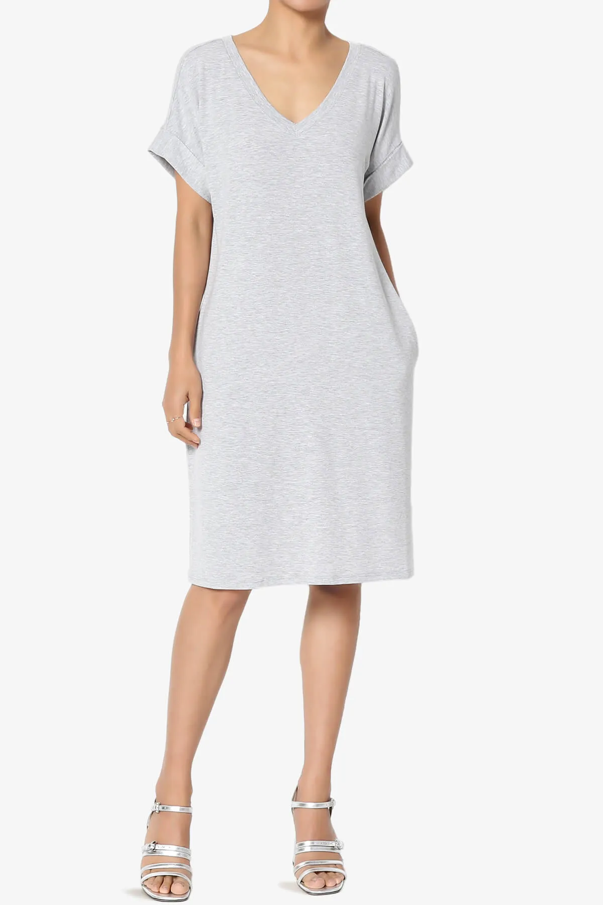 Cliff Rolled Short Sleeve V-Neck Dress PLUS