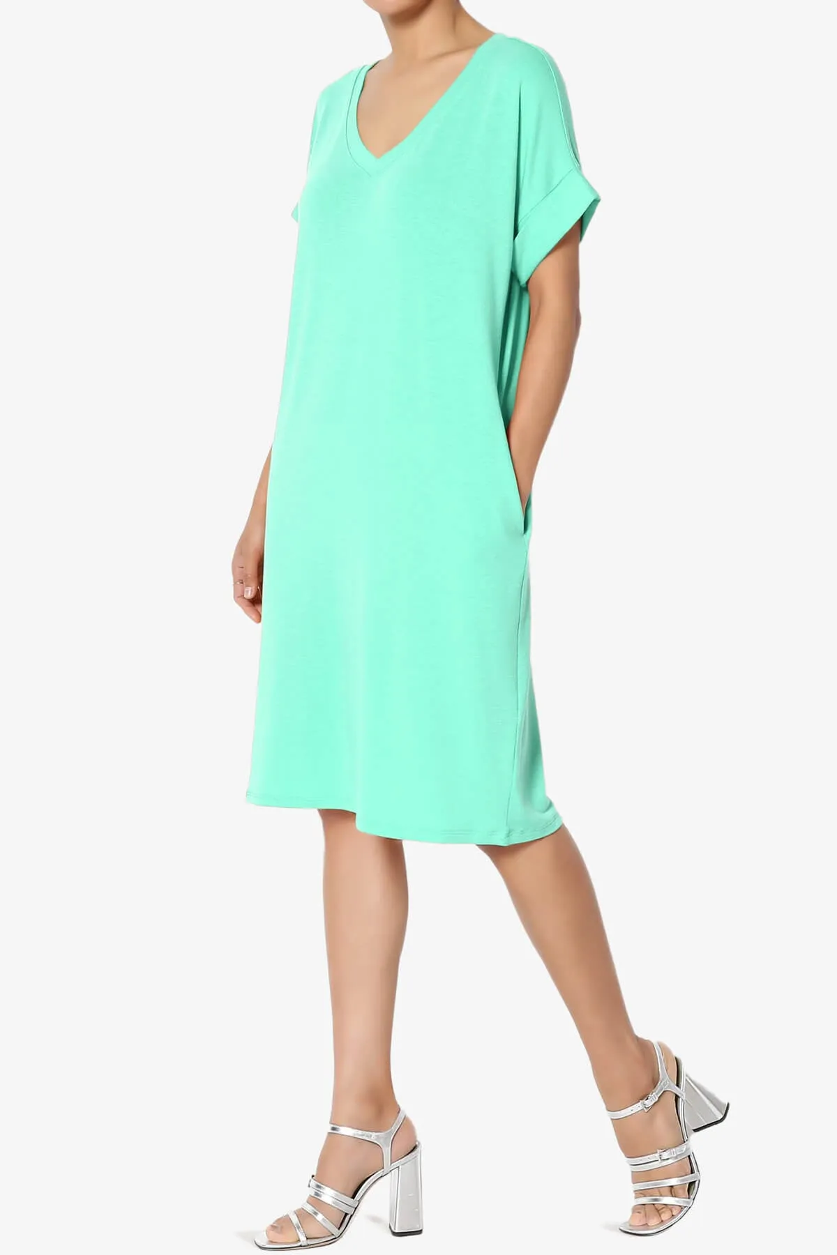 Cliff Rolled Short Sleeve V-Neck Dress PLUS
