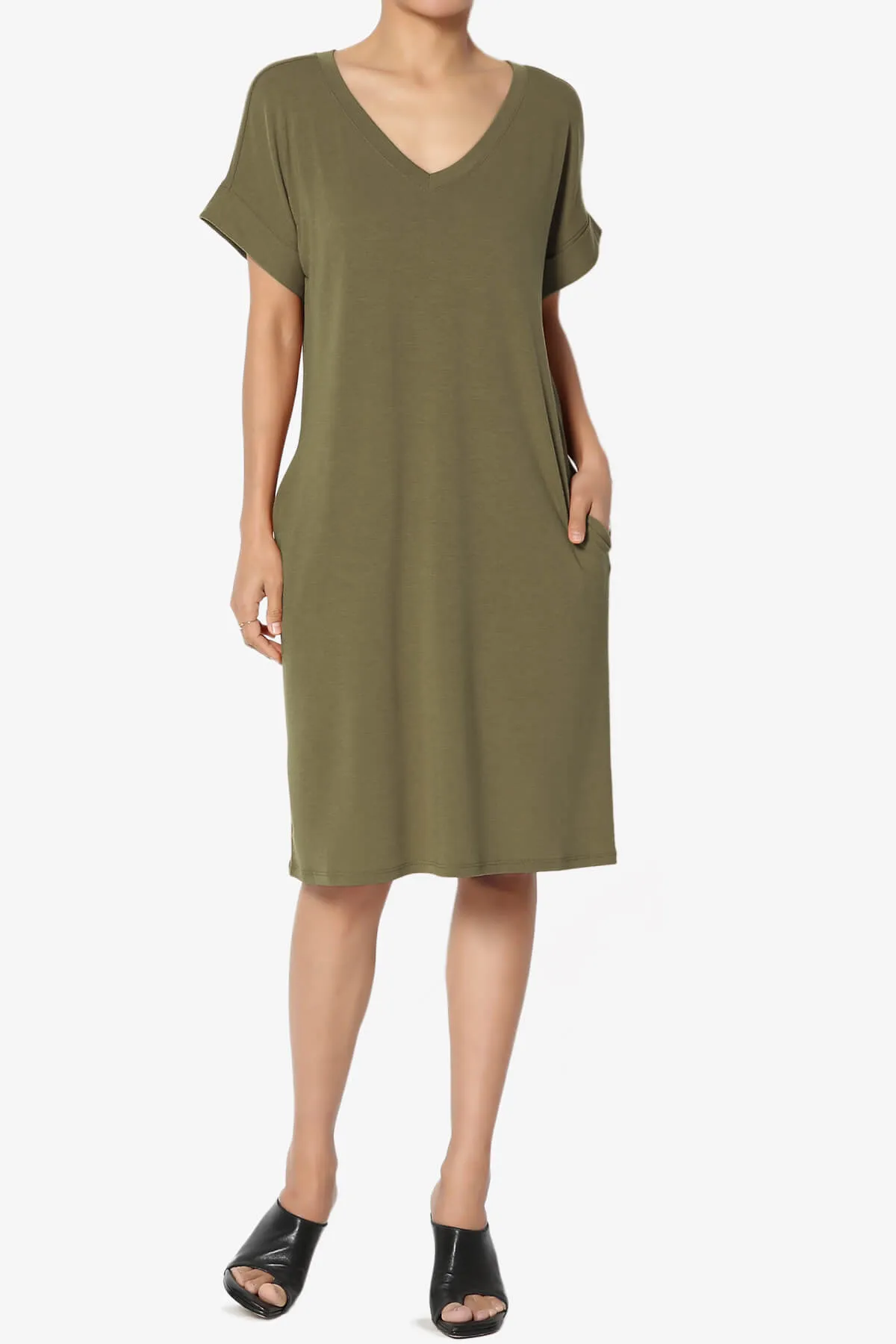 Cliff Rolled Short Sleeve V-Neck Dress PLUS