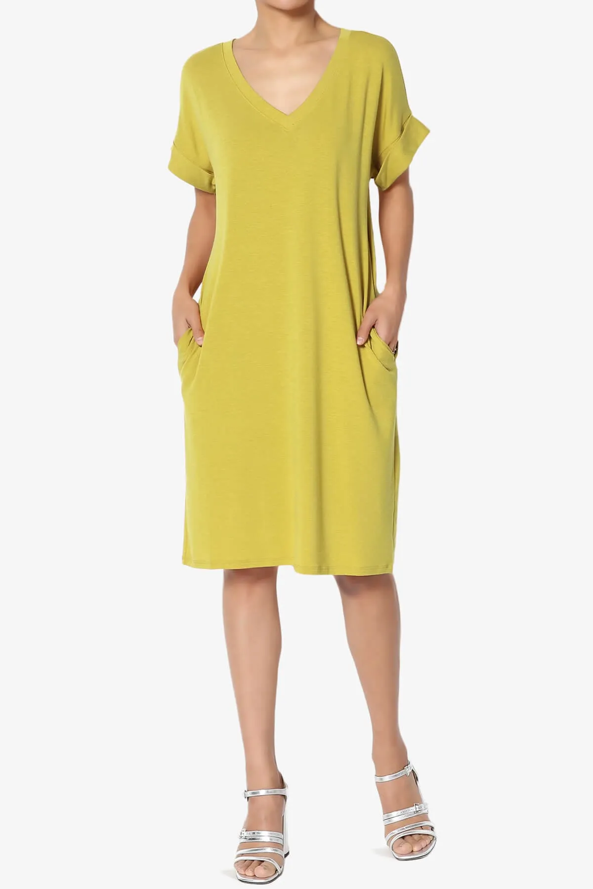 Cliff Rolled Short Sleeve V-Neck Dress PLUS