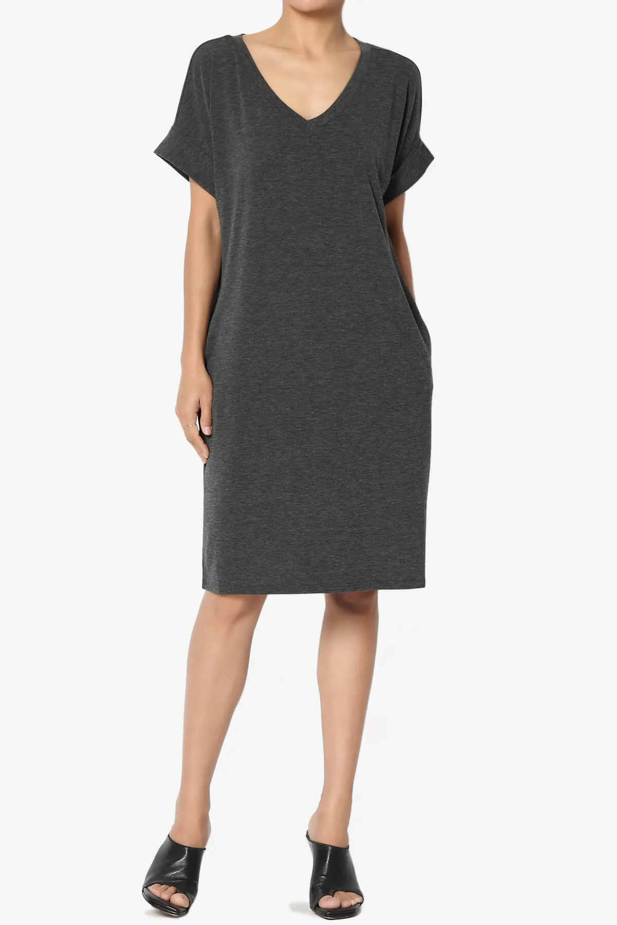 Cliff Rolled Short Sleeve V-Neck Dress PLUS