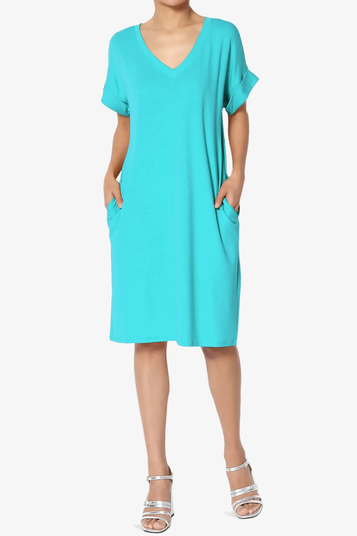 Cliff Rolled Short Sleeve V-Neck Dress PLUS